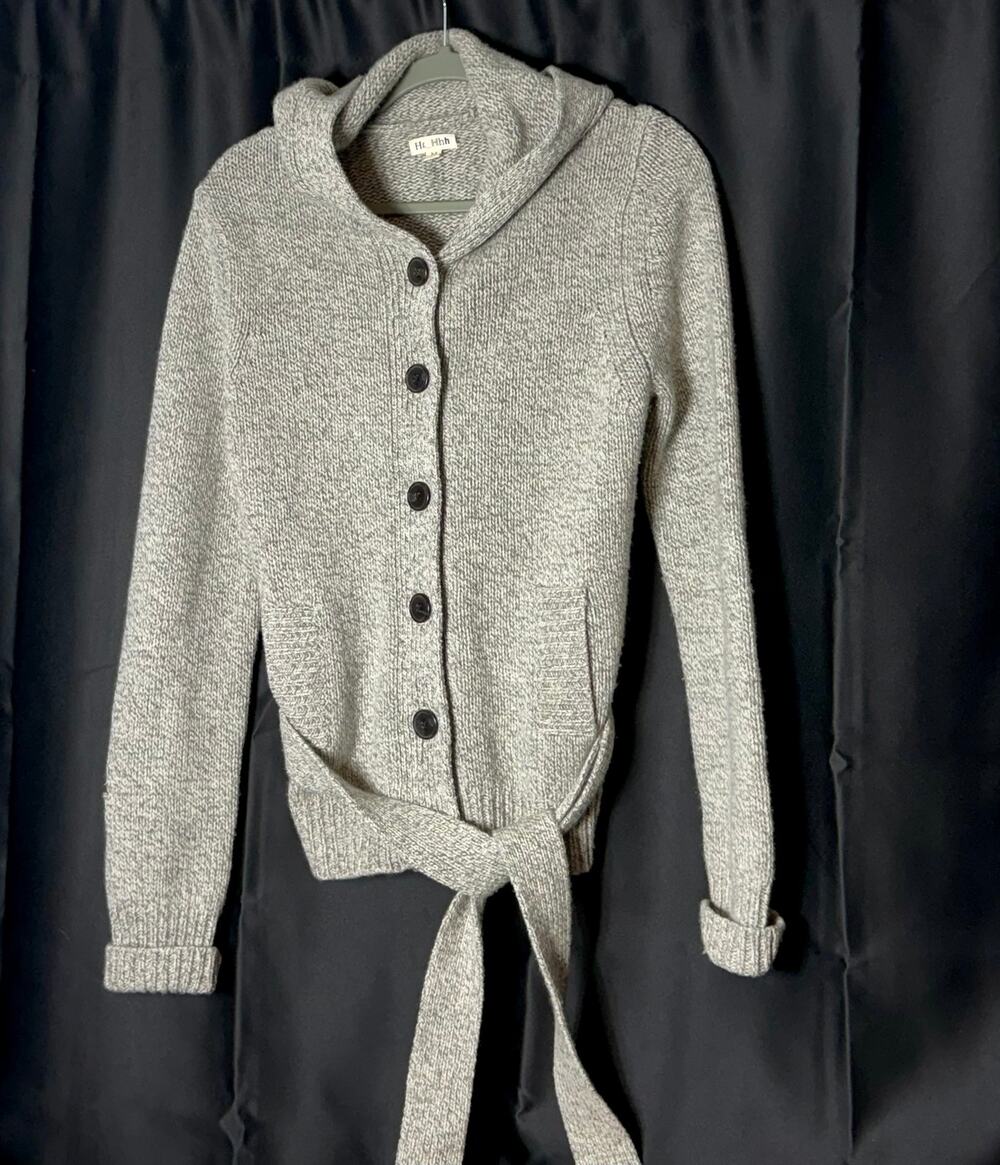 Tommy Hilfiger Hh_Hhh Womens M 100% Merino Wool Hooded Belted Cardigan Gray
